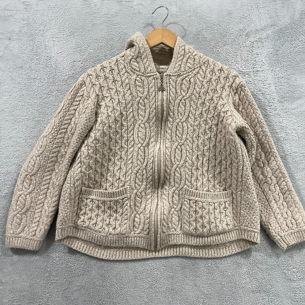 Aran Crafts Sweater Women Medium Cable Knit Merino Wool Ireland Cardigan Hood